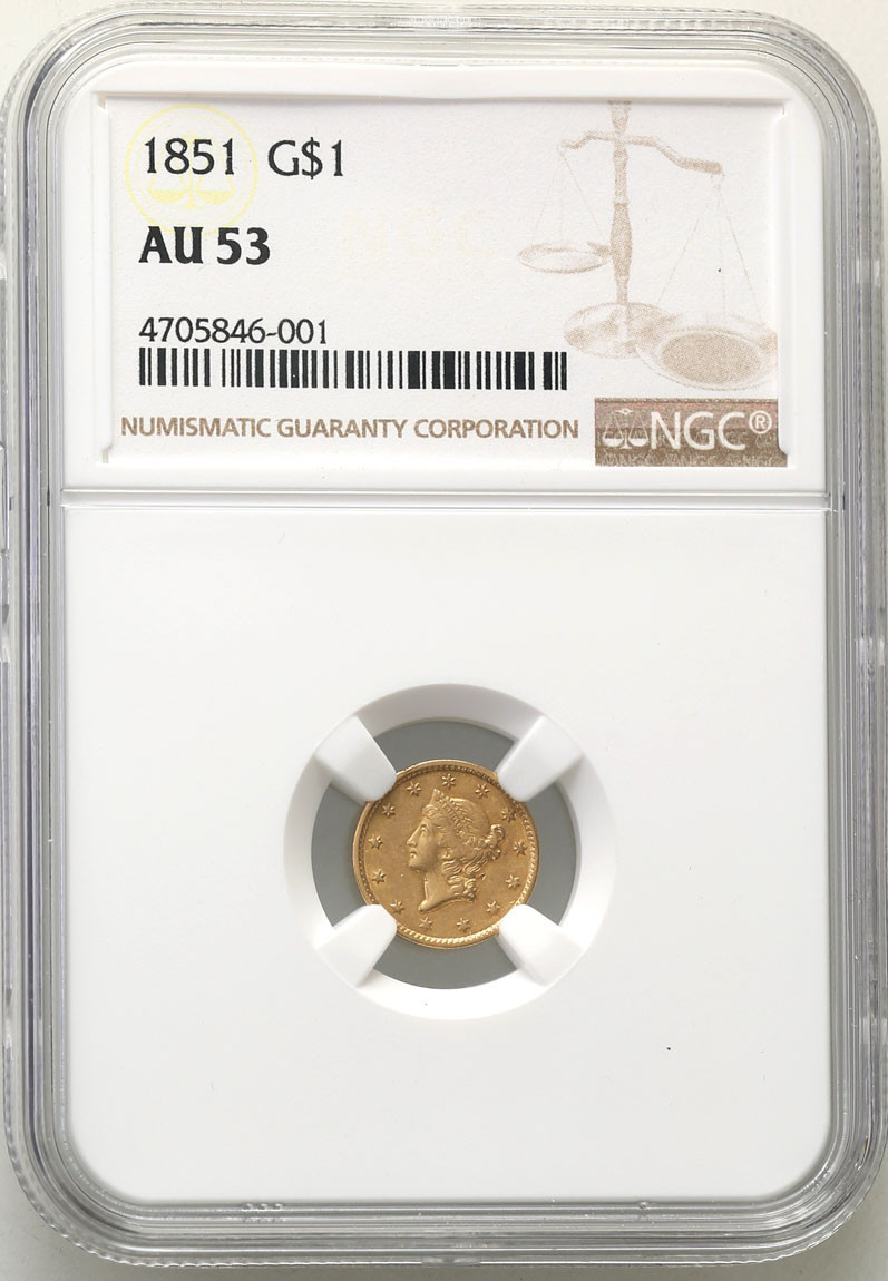 USA. 1 dolar 1851 typ I, Philadelphia NGC AU53